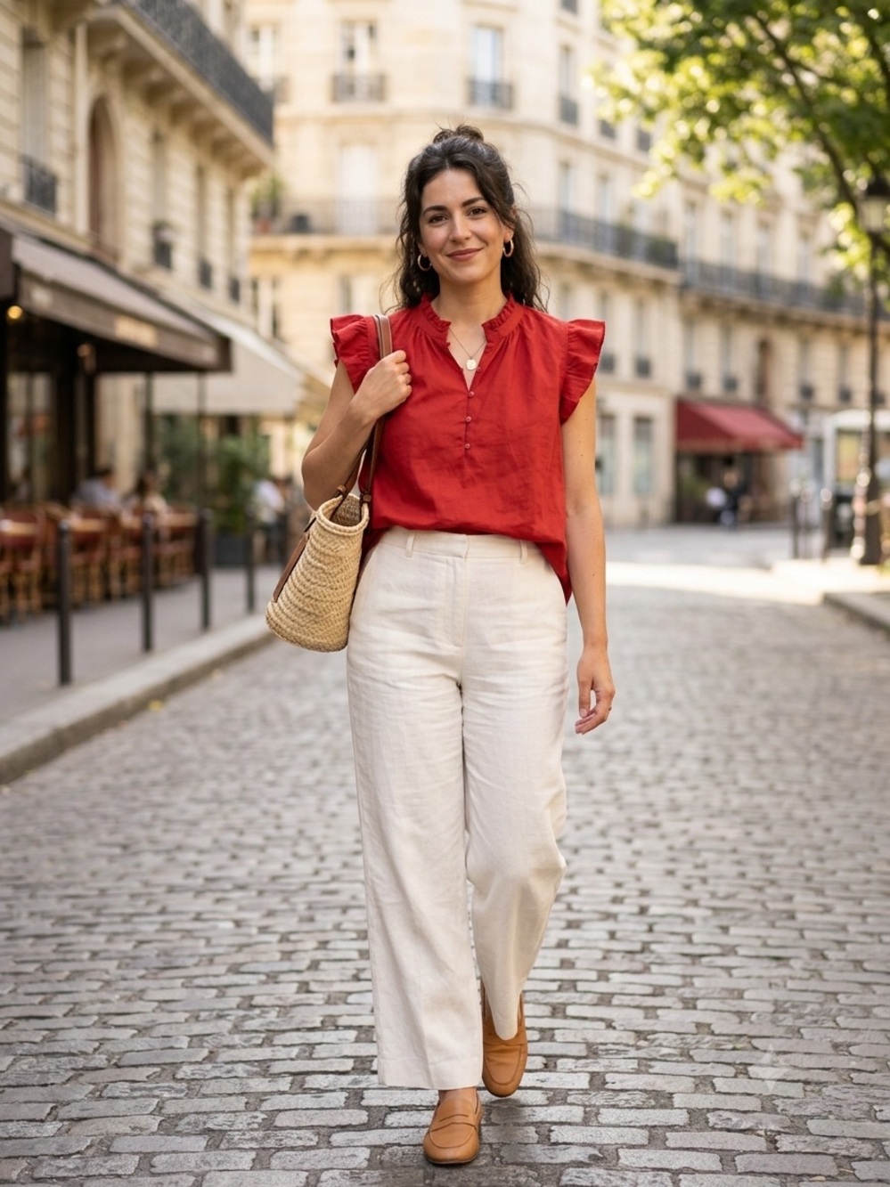 H&M Linen/Cotton Blend Red Ruffle Sleeve Button-Up Camisole